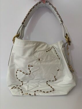 Cocoblanco White Leather Hobo Bag with Gold Contrast Stitching